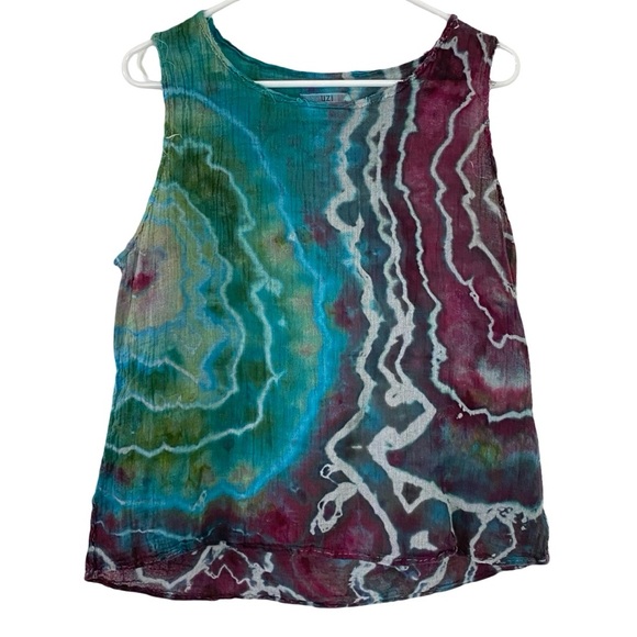 UZI Tie Dye Tank Top Womens Size Large Crepe Texture Upcycled Blue Burgundy - Picture 1 of 9